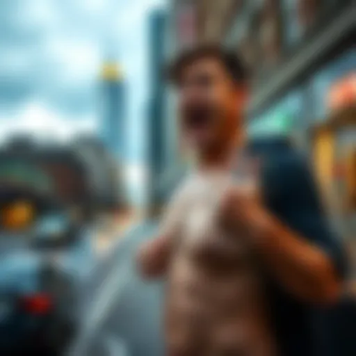 A frustrated bettor in Pittsburgh expresses his anger after another loss, humorously declaring he will run naked if he loses again, with a playful backdrop of a city street.