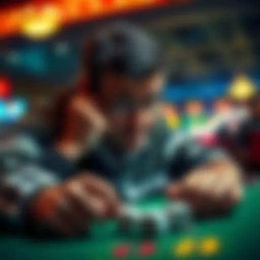 A frustrated player at a craps table looking at the dice with disappointment after losing a bet.