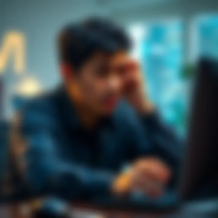 Frustrated cryptocurrency user in Indonesia An Indonesian person looking worried while using a computer, highlighting issues with cryptocurrency withdrawals