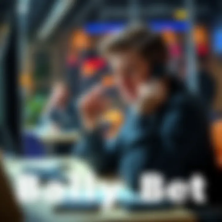 A frustrated person sitting at a desk, holding a phone to their ear, looking exasperated by long wait times for customer service