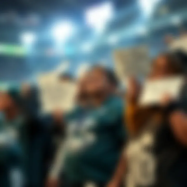 A group of Philadelphia Eagles fans showing their disappointment during a game, wearing team jerseys and holding signs expressing frustration about quarterback Hurts' performance.