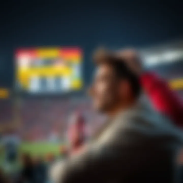 A fan looking disappointed while watching a football game, holding his head with a scoreboard showing Mahomes' yard stats in the background