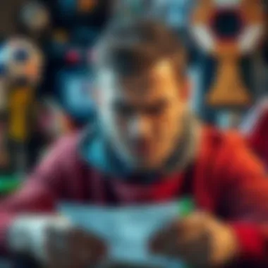 A frustrated player looks at a betting slip with a frown, surrounded by football memorabilia.