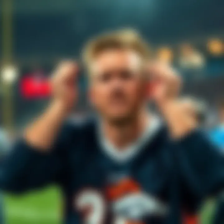 A passionate football fan showing frustration after a game, expressing disappointment about betting on the Lions and Colts, while wearing a Broncos jersey.