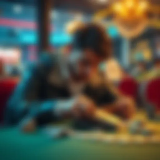 Disappointed gambler reflecting on losses A frustrated gambler sits at a gaming table, looking at their empty wallet with a sad expression, symbolizing the emotional toll of losing money in gambling.