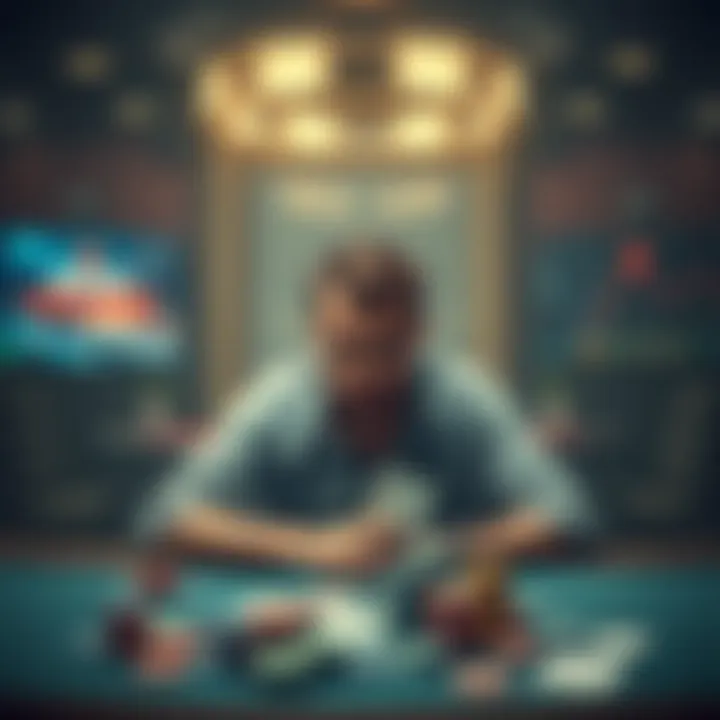 A person sitting at a gambling table looking disappointed and lost in thought, surrounded by gaming chips and cards