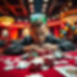 A person looking unhappy at a casino table surrounded by lost chips and cards