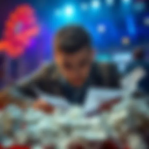 Frustrated gambler looking at betting slips Person with a worried expression examining betting slips surrounded by crumpled papers, showing signs of distress and disappointment