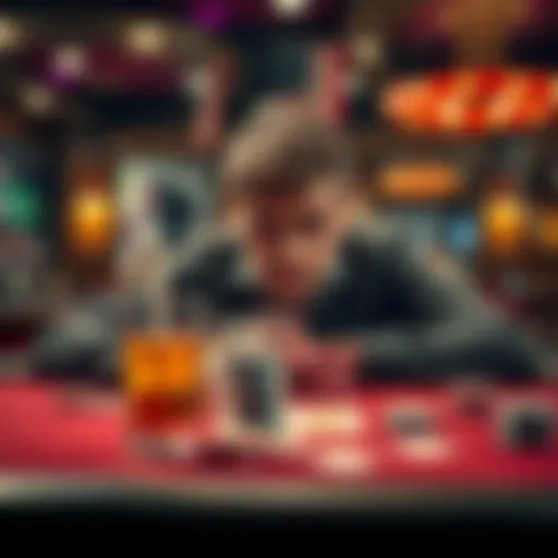 A person looking anxious at a gambling table with cards, chips, and a drink in front, reflecting frustration after losing bets.