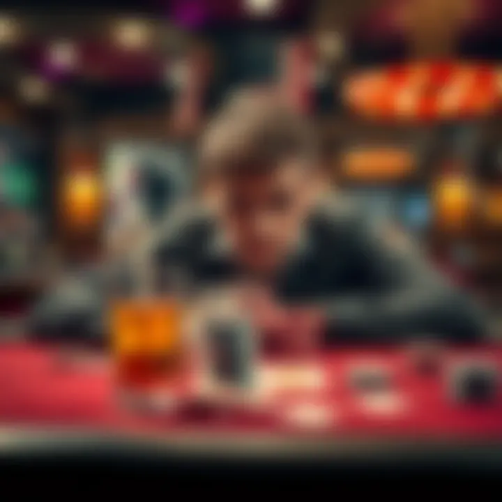 A person looking anxious at a gambling table with cards, chips, and a drink in front, reflecting frustration after losing bets.