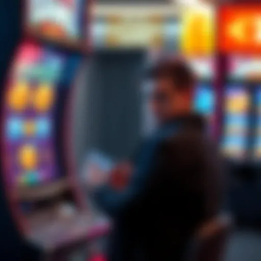 A frustrated gambler stands in front of a gaming machine, looking disappointed while holding a card that was declined, with promotional coins displayed on the screen