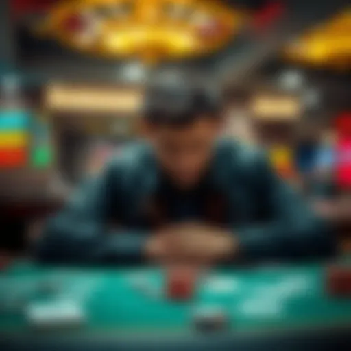 A person sitting at a casino table looking frustrated with cards and chips scattered around