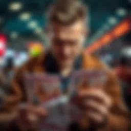 A disappointed gambler holding betting slips, showing signs of frustration after losing money in consecutive months.