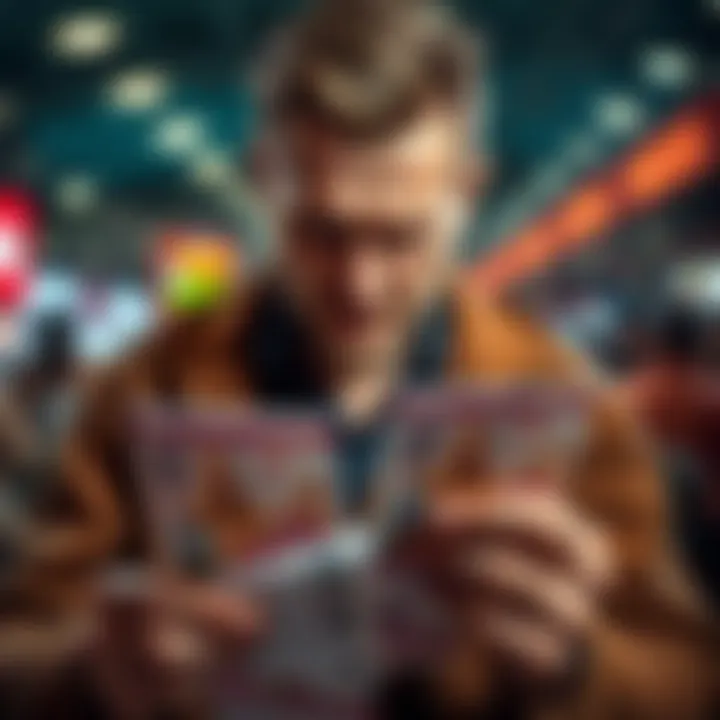 A disappointed gambler holding betting slips, showing signs of frustration after losing money in consecutive months.