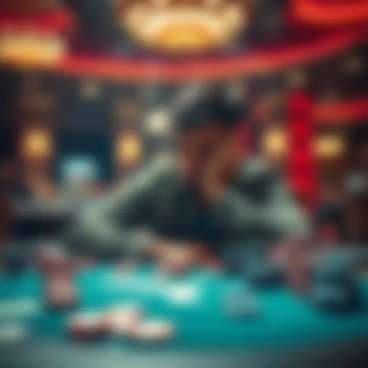 A person sitting at a casino table looking disappointed, surrounded by poker chips and cards, symbolizing lost bets.