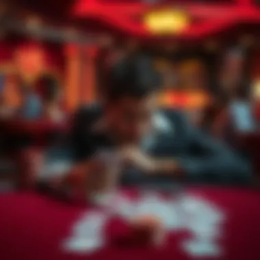 Frustrated gambler at a casino A disappointed gambler sitting at a casino table, looking frustrated with cards scattered in front of him, reflecting a tense atmosphere.