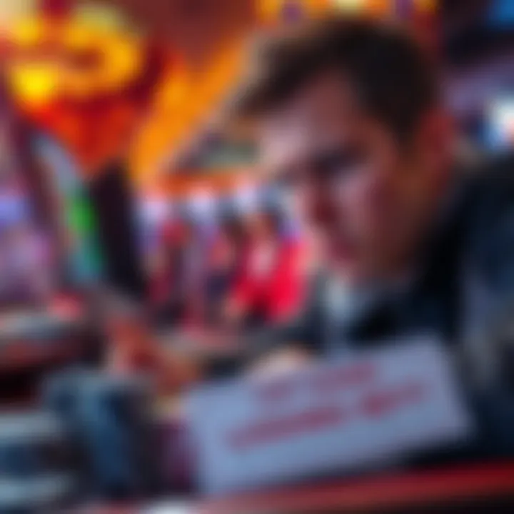 A player looking disappointed while staring at a gaming screen, surrounded by casino chips and a losing bet slip.