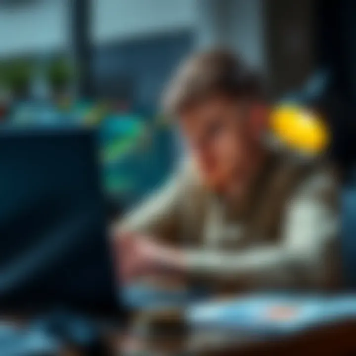 A young man sits at a desk, looking worried while analyzing financial charts on his laptop. He appears distressed about his trading losses and his future as a father.