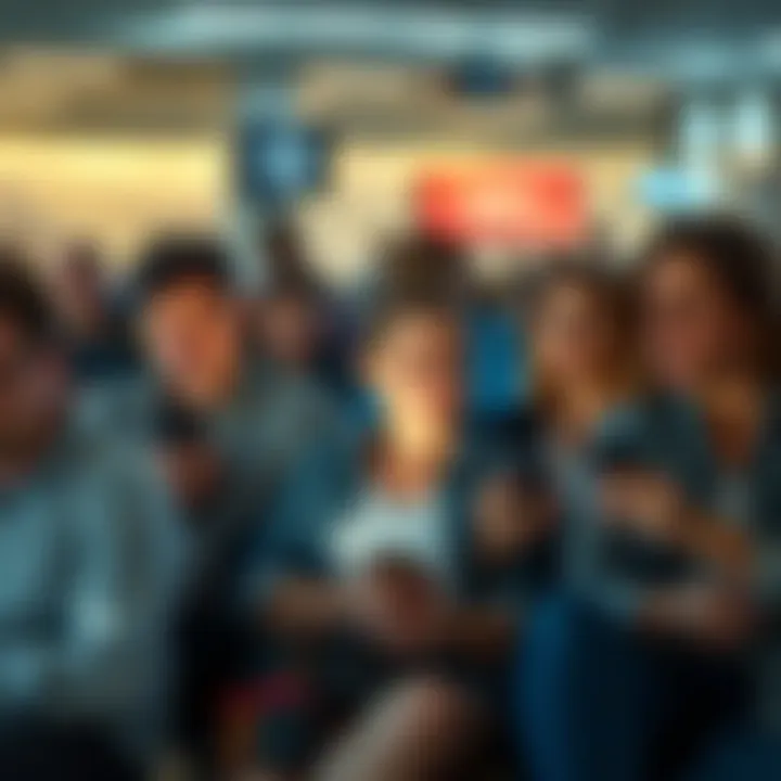 Group of frustrated people sitting in a waiting area, looking at their phones and glancing at a clock, expressing impatience while waiting for Breeze refund