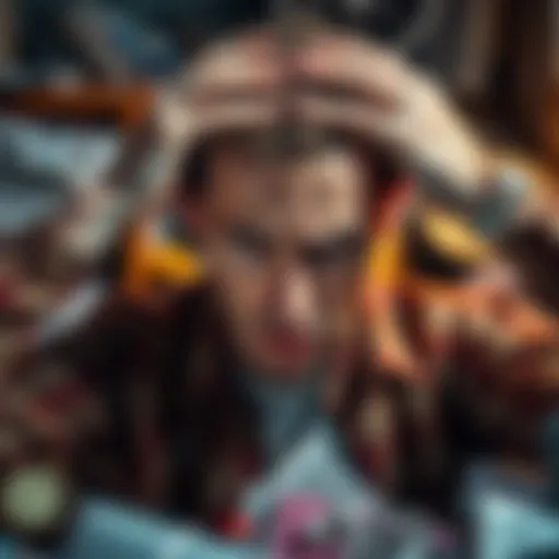 A person expressing frustration, hands on their head with a look of exasperation, surrounded by clutter.