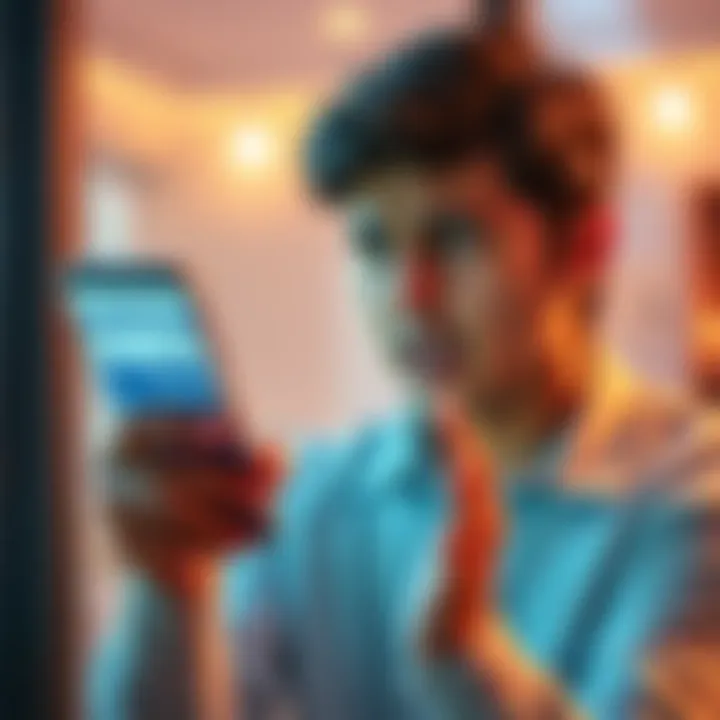 A person looking at their phone with a worried expression, showing a bank app with a pending transaction status and a ₹5000 deposit.