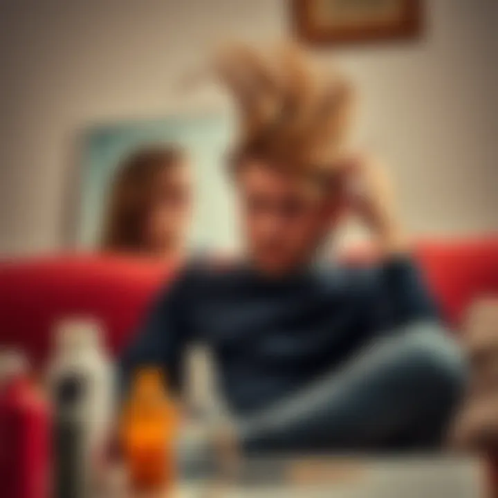 A person looks tired and frustrated while sitting on a couch, surrounded by hair products and a mirror showing a messy hairstyle.