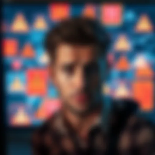 A person showing frustration while looking at a computer screen filled with warning signs about internet restrictions