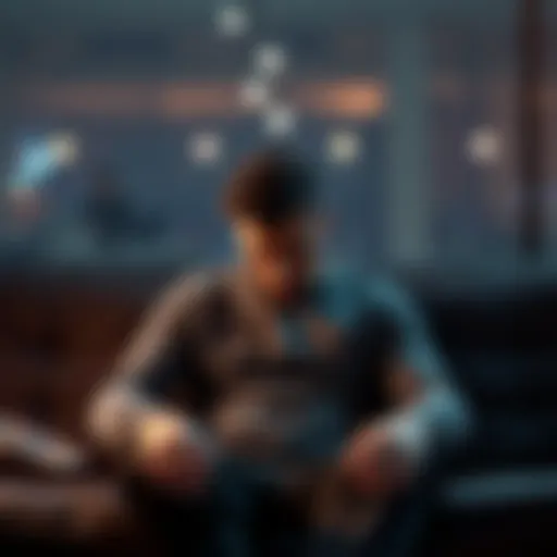 A person looking distressed and frustrated while sitting on a couch, showing emotions after falling back into gambling.