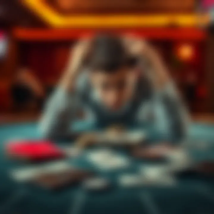 Frustrated person at a gambling table A person looking frustrated while sitting at a gambling table, holding their head in their hands, with empty wallets and bills scattered around them.