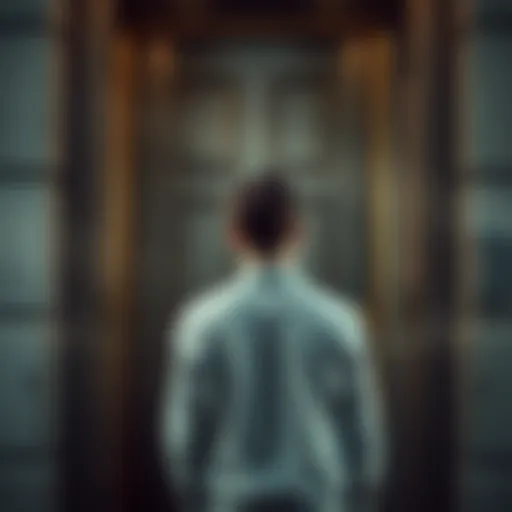 Person looking frustrated outside locked door A person standing outside a locked door, looking frustrated and realizing their mistake of being locked out for a month.