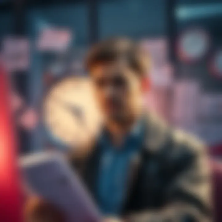 A person looking frustrated while waiting for a service, surrounded by paperwork and a clock showing the passing time