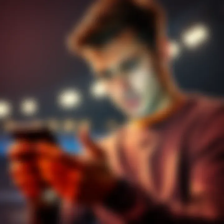 A player shows frustration while checking a betting app on their phone, with a disappointed expression due to a betting issue.