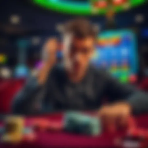 A person shows frustration while playing a betting game, surrounded by chips and a game screen showing low winnings.