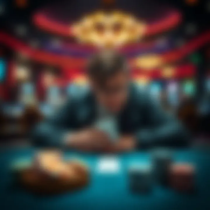 A disappointed player looking at losing cards at a blackjack table in a casino setting