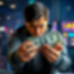 Frustrated player holding cash A disappointed player holding a small stack of cash, representing a much larger win that was not fully paid out, with a frustrated expression on his face.