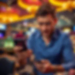 Frustrated player holding a phone with a casino logo on the screen, looking concerned about a withheld payout