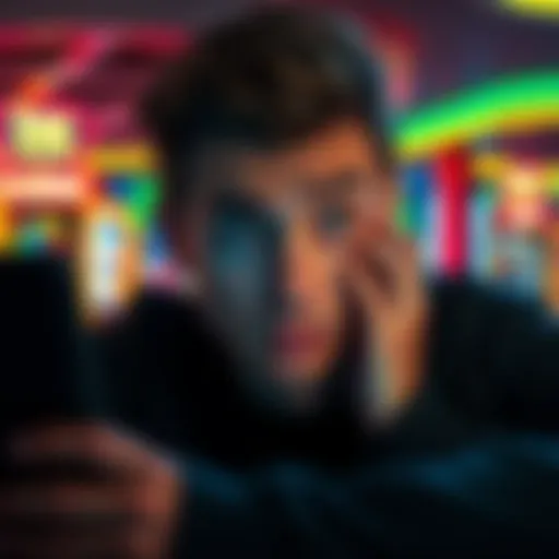 A frustrated person staring at their screen, showing a casino balance that has decreased, conveying disappointment and loss from gambling.