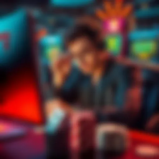 A person sitting at a computer looking disappointed and frustrated, surrounded by casino-themed items like slot machines and playing cards