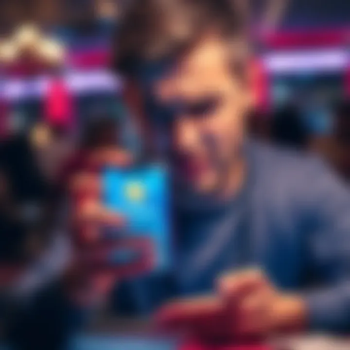 A person looking upset while holding a smartphone, showing frustration over a blocked online poker account.