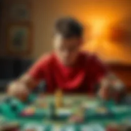 Person looking frustrated while playing a game A person sitting at a table, looking frustrated with a game board in front of them, surrounded by game pieces and cards