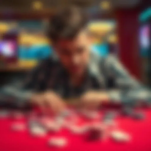 A person showing frustration while playing a card game, with chips scattered on the table and a look of disappointment on their face.