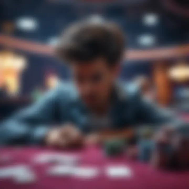 A player looks disappointed at a gaming table with cards and chips scattered around