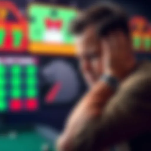 A player looking disappointed with his head in his hands, showing frustration after failing to cash out in a game, with a scoreboard showing five green indicators out of six.