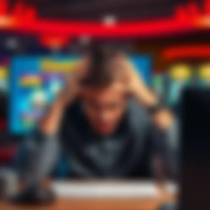 A distressed man holding his head in his hands while sitting in front of a computer showing Chumba Casino website, symbolizing his financial loss and need for legal assistance in Florida.