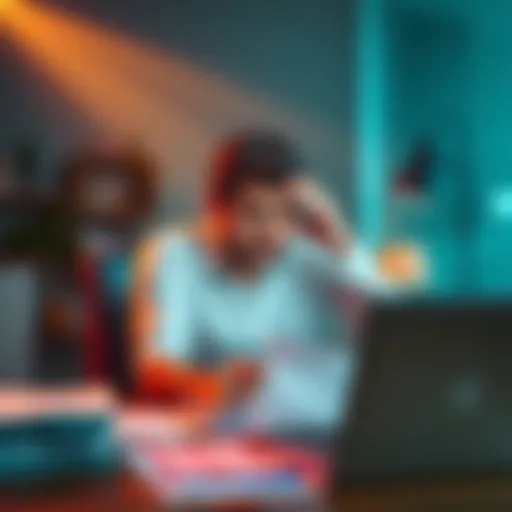 A frustrated player sitting at a desk, surrounded by papers and a laptop, showing signs of disappointment after losing multiple bets on Prizepicks.