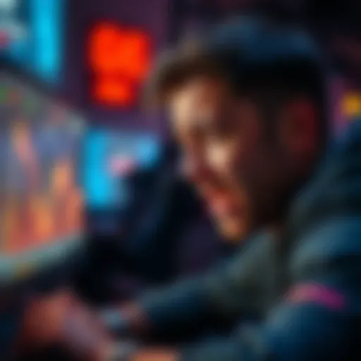 A frustrated man looking at his computer screen, expressing disappointment over gaming losses, with a graph showing declining numbers in the background.