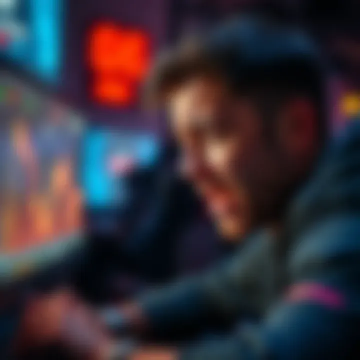 A frustrated man looking at his computer screen, expressing disappointment over gaming losses, with a graph showing declining numbers in the background.
