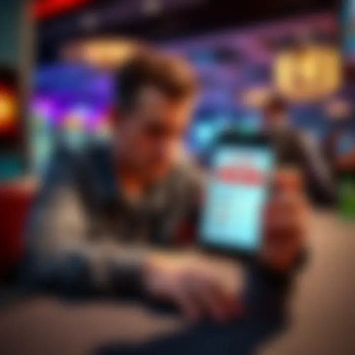 A person sitting at a table, frowning at their smartphone displaying the myVEGAS app, showing higher bets at each level