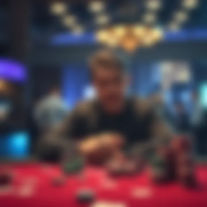 Frustrated player at poker table A player looking distressed at a poker table, surrounded by chips and cards, reflecting on a losing streak