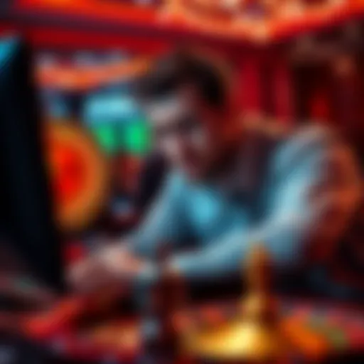 A man looking upset while playing online roulette on a computer, with a roulette wheel graphic on the screen and a bet amount displayed.